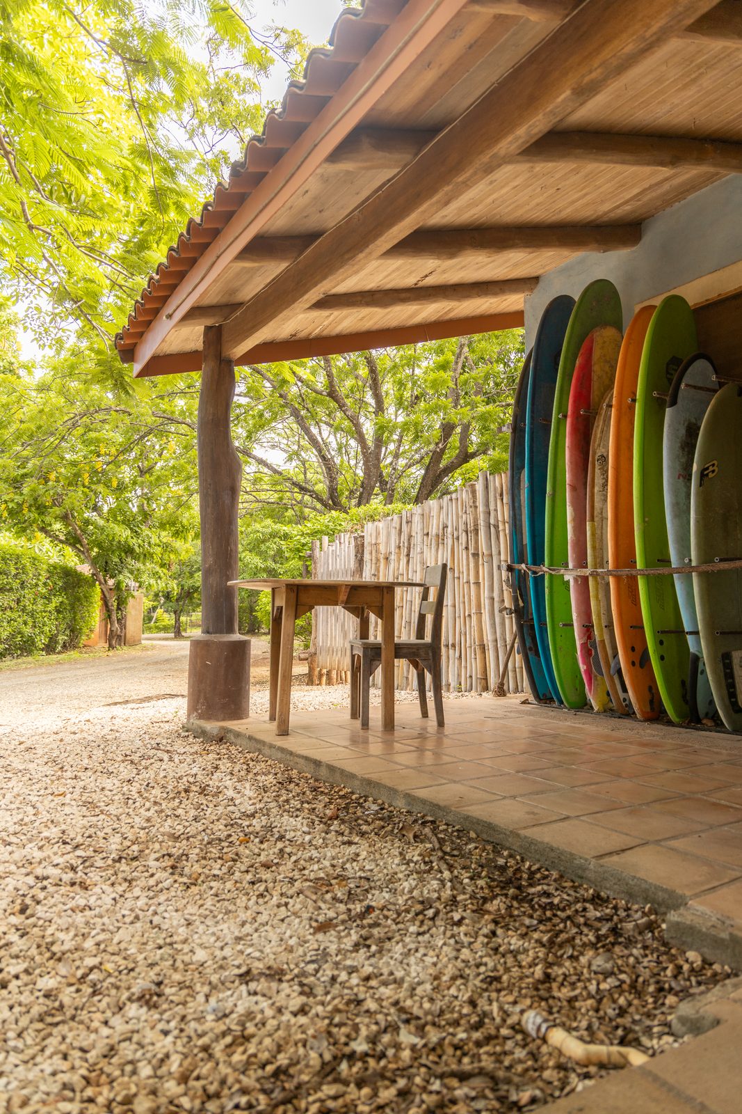 Surfboards resting under a palapa